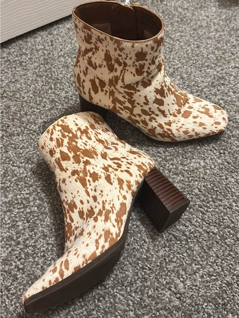 INC International Concepts Brown and Cream Cow-Print Block Heel Ankle Boots